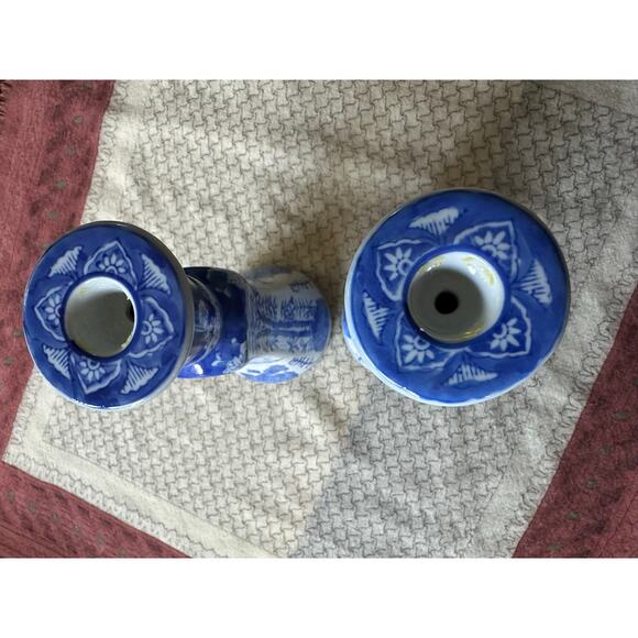 2 China Chinese Blue & White Porcelain Candlesticks Bamboo Prunus & Fungi pair - Picture 4 of 16